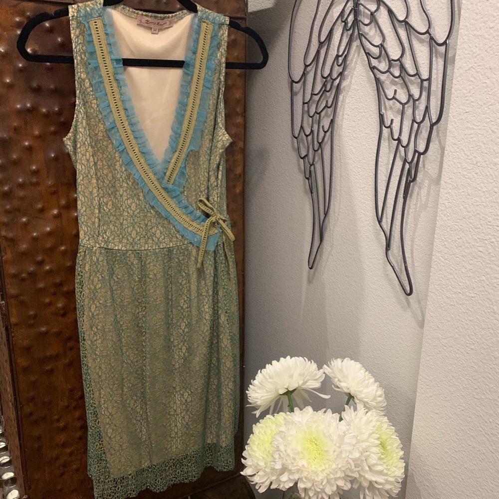 Teal /tan cocktail or party dress. EASTER